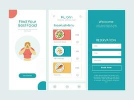 conjunto de ui, ux, gui pantallas comida aplicación incluso obtener comenzó, menú, reserva para publicidad. vector