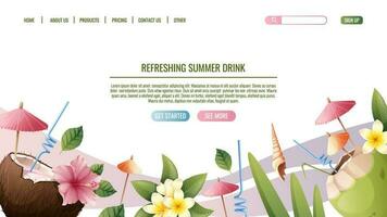 Web page template with beach cocktail in coconut with flower and seashells.Concept for web banner and landing page. Beach theme, tropical vacation vector