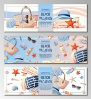 Set of beach banner with accessories for relaxing by the sea. Ocean sea holidays, season clothes cosmetics and accessories vector background. Webbaner, poster, flyer, advertising. Summer vacation