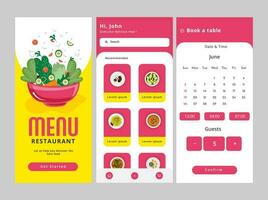 conjunto de móvil aplicación ui, ux, gui pantallas incluso obtener comenzó, libro mesa modelo para restaurante menú tarjeta. vector