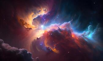 Abstract Space themed background featuring a colorful nebula or supernova, with vibrant swirls of gas and dust. photo