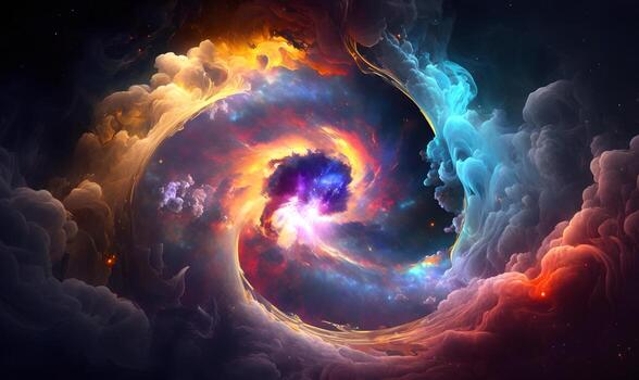 Abstract Space themed background featuring a colorful nebula or supernova, with vibrant swirls of gas and dust. photo