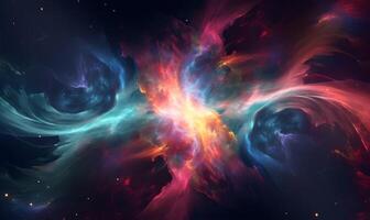 Abstract Space themed background featuring a colorful nebula or supernova, with vibrant swirls of gas and dust. photo