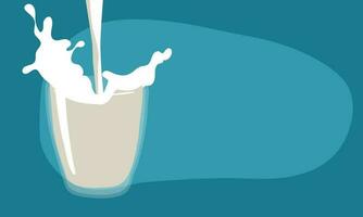 mundo Leche día. lechería negocio. vector ilustración de Leche siendo vertido dentro un vaso vaso. antecedentes con espacio para texto impresión un bandera un folleto en un azul antecedentes vaso contenedores con líquido