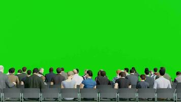 3d multidão sentado em cadeira para conferência,3d animação pessoas em verde tela croma chave. video