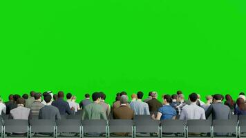 grupo do pessoas sentado em cadeira dentro traseiro Visão para seminário, verde tela fundo 3d animação. video