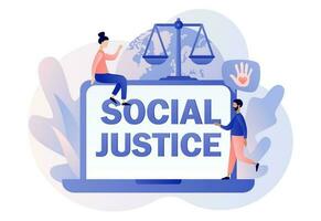 Social justice - text on laptop screen. Human rights concept. Scales as symbol of equality, freedom and love. Tiny people for tolerance and respect.Modern flat cartoon style. Vector illustration