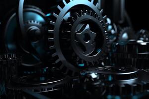 Mechanism blackblue metallic gears and cogs at work on white background under spot light background industrial machinery 3d illustration 3d high quality rendering 3d cg file mat. photo
