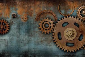 Blue and rusty steampunk banner with gears and wheels. photo