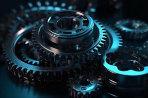 Mechanism blackblue metallic gears and cogs at work on white background under spot light background industrial machinery 3d illustration 3d high quality rendering 3d cg file mat. photo