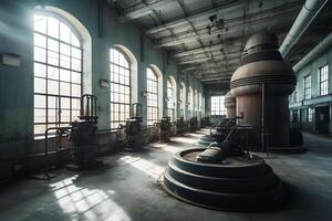 Industrial interior of hydroelectric power station with electric generators. AI Generated photo