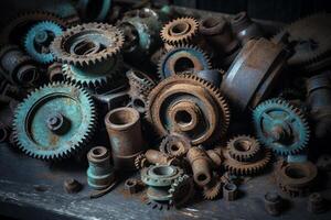 Many old rusty metal gears or machine parts. photo