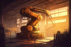 tecnología idea digital Arte ilustración de un industrial máquina robótico brazo a un fábrica. ai generado foto