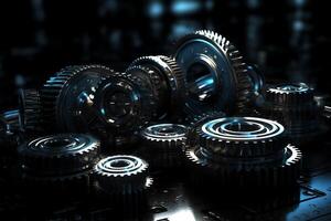 Mechanism blackblue metallic gears and cogs at work on white background under spot light background industrial machinery 3d illustration 3d high quality rendering 3d cg file mat. photo