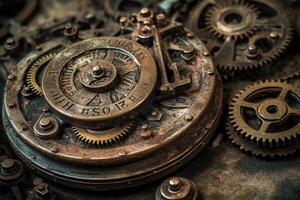 Steampunkinspired gear wheels embedded in a clockwork mechanism set against an antique textured background. photo