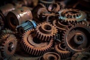 Many old rusty metal gears or machine parts. photo