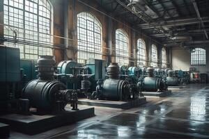 Industrial interior of hydroelectric power station with electric generators. photo