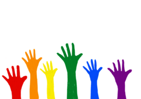 Hands raised up in rainbow oil paint brush  style watercolor,LGBT  Pride month watercolor texture concept. png