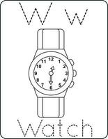 Letter Ww uppercase and lowercase, cute children coloring a watch, ABC alphabet tracing practice worksheet of a watch for kids learning English vocabulary, and handwriting vector illustration