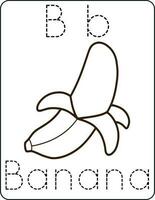 Letter Bb, uppercase and lowercase, cute children coloring a banana, ABC alphabet tracing practice worksheet of a banana for kids learning English vocabulary, and handwriting vector illustration