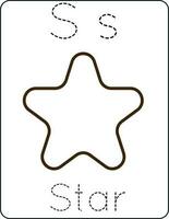 Letter Ss uppercase and lowercase, cute children coloring a star, ABC alphabet tracing practice worksheet of a star for kids learning English vocabulary, and handwriting vector illustration