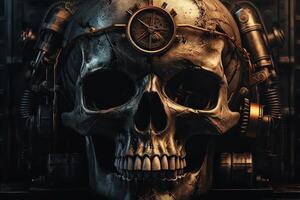 Industrial steampunk background with a human skull. photo