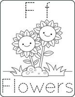 Letter Ff, uppercase and lowercase, cute children coloring flowers, ABC alphabet tracing practice worksheet of flowers for kids learning English vocabulary, and handwriting vector illustration