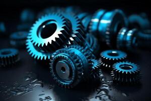 Mechanism blackblue metallic gears and cogs at work on white background under spot light background industrial machinery 3d illustration 3d high quality rendering 3d cg file mat. photo