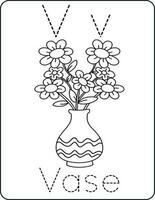 Letter Vv uppercase and lowercase, cute children coloring a vase, ABC alphabet tracing practice worksheet of a vase for kids learning English vocabulary, and handwriting vector illustration