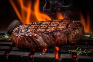 Gegrilltes steak auf dem grill mit flamme. photo