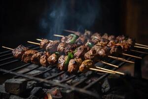 Skewered meat barbecue charcoalgrilled kebab outdoor skewer cooking kofta ground meat skewers. photo