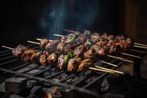 ensartado carne parilla a la brasa brocheta al aire libre brocheta Cocinando kofta suelo carne brochetas ai generado foto