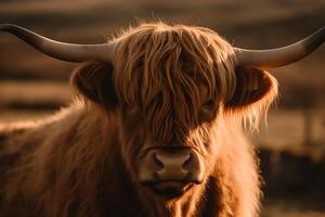 This photograph beautifully captures a highland cow in sharp focus against a background of natural light flares and bokeh aigenerated. photo