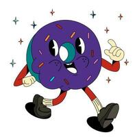 Psychedelic, groovy retro cartoon donuts character. Modern sticker with donuts. Funny faces with vibrant colors. Flowing texture. Crazy vector illustration.