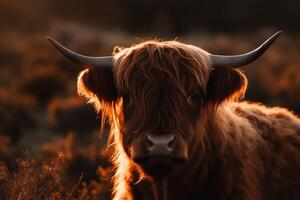 This photograph beautifully captures a highland cow in sharp focus against a background of natural light flares and bokeh aigenerated. photo