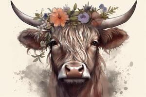 Highland cow illustrated portrait painting wearing floral crown ai assisted. photo