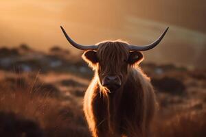 This photograph beautifully captures a highland cow in sharp focus against a background of natural light flares and bokeh aigenerated. photo