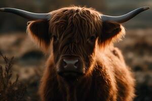 This photograph beautifully captures a highland cow in sharp focus against a background of natural light flares and bokeh aigenerated. AI Generated photo