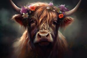 Highland cow illustrated portrait painting wearing floral crown ai assisted. photo