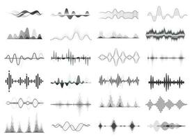 Black sound waves, music beat, audio equalizer. Abstract voice wave rhythm, radio waveform, digital soundwave visualization vector set