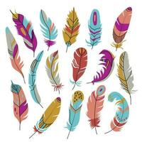 Set of colored feathers for decor isolated on white background.Variety of colorful feathers flat items set. Bird feather and decoration concept vector