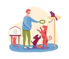 Boy with pets in dog kennel, cat and rabbit vector