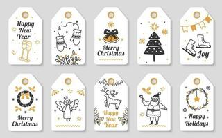 Christmas gift tags with hand drawn elements, cute xmas cards. Winter holiday labels with santa and dear, new year celebration tag vector set