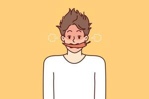 Man with hot chili or in teeth blushes and blows smoke from ears for metaphor of anger and negative emotions. Young guy with shaggy hair with hot chili pepper in mouth looks at screen vector