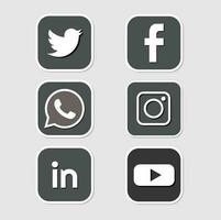 A set of social media icons Facebook,Twitter,Instagram,Whatsapp,Youtube and linkedin in gray color vector