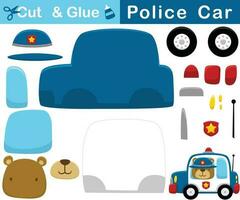 Funny bear in police cap on police car. Education paper game for children. Cutout and gluing. Vector cartoon illustration