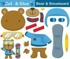 Cute bear in warm clothes and helmet with snowboard. Cutout and gluing. Vector cartoon illustration