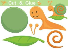 Cute snail on leaf. Cutout and gluing. Vector cartoon illustration