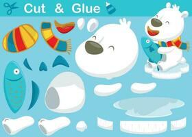 Funny polar bear holding fish. Education paper game for children. Cutout and gluing. Vector cartoon illustration