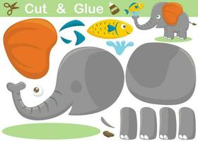 Funny elephant with a fish. Cutout and gluing. Vector cartoon illustration